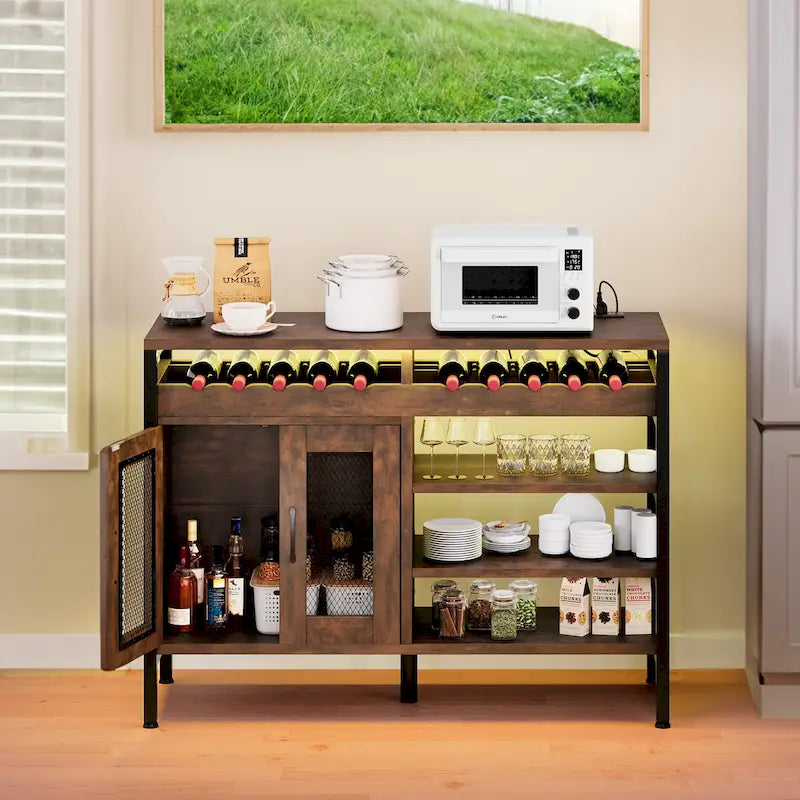 Buffet de bar à vin de 47" avec prises de courant et lumières LED Meubles de bar à café industriels - 47,2" L x 15,7" l x 33,4" H