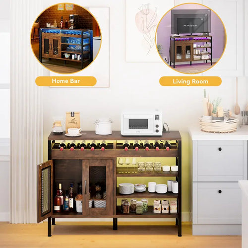 Buffet de bar à vin de 47" avec prises de courant et lumières LED Meubles de bar à café industriels - 47,2" L x 15,7" l x 33,4" H