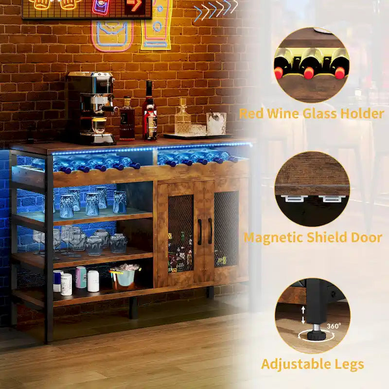 Buffet de bar à vin de 47" avec prises de courant et lumières LED Meubles de bar à café industriels - 47,2" L x 15,7" l x 33,4" H