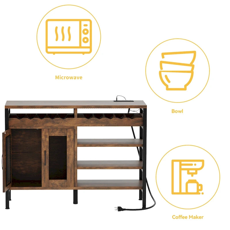 Buffet de bar à vin de 47" avec prises de courant et lumières LED Meubles de bar à café industriels - 47,2" L x 15,7" l x 33,4" H