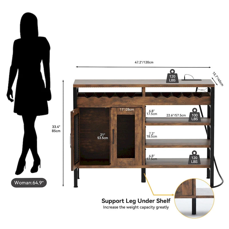 Buffet de bar à vin de 47" avec prises de courant et lumières LED Meubles de bar à café industriels - 47,2" L x 15,7" l x 33,4" H