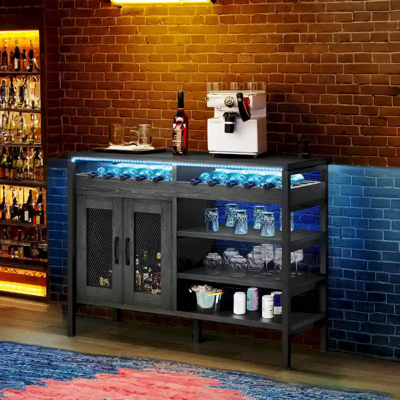 Buffet de bar à vin de 47" avec prises de courant et lumières LED Meubles de bar à café industriels - 47,2" L x 15,7" l x 33,4" H