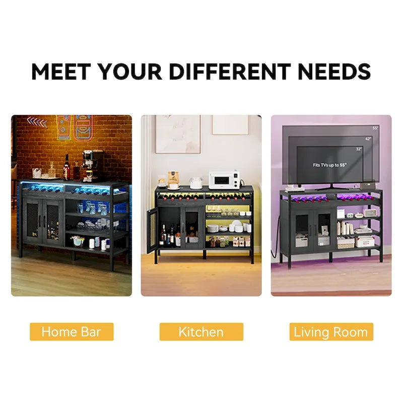 Buffet de bar à vin de 47" avec prises de courant et lumières LED Meubles de bar à café industriels - 47,2" L x 15,7" l x 33,4" H