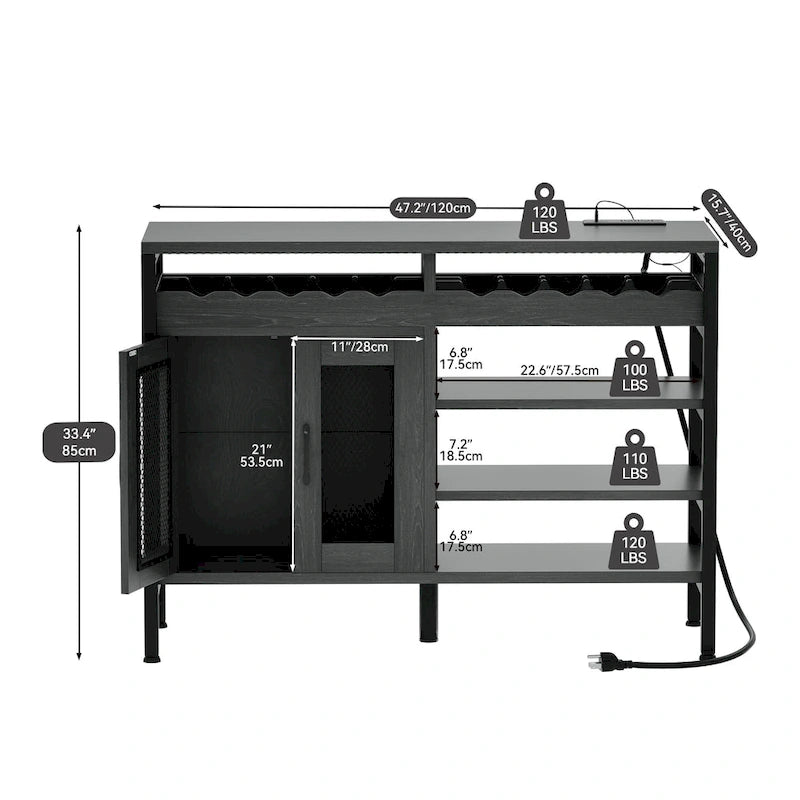 Buffet de bar à vin de 47" avec prises de courant et lumières LED Meubles de bar à café industriels - 47,2" L x 15,7" l x 33,4" H